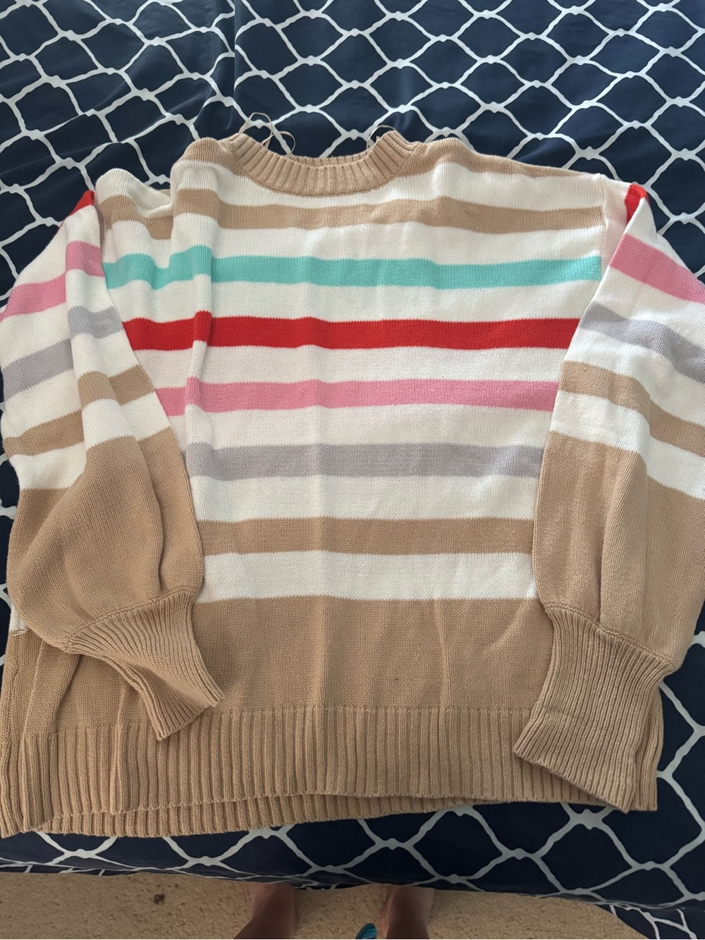 Crown & Ivy Striped Crewneck Sweater in Beige with Pink & Red Accents